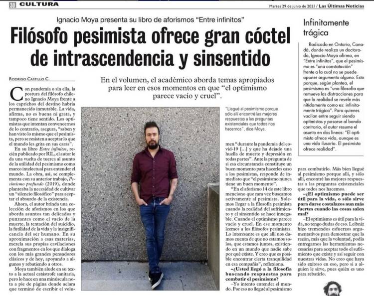 Entrevista sobre Entre infinitos en Las últimas noticias, Chile. Interview about Entre infinitos.